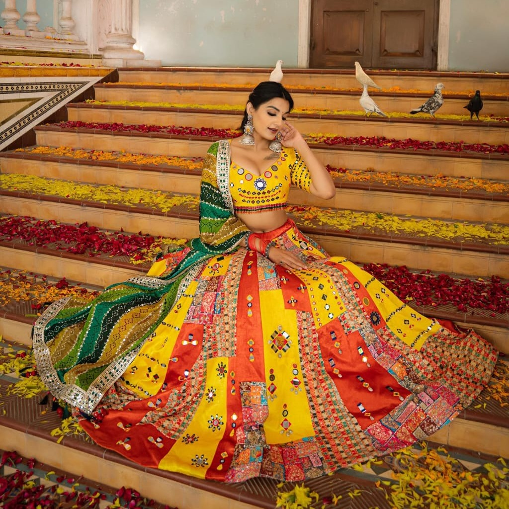 YELLOW SILK LENGHA CHOLI WITH REAL MIRROR WORK AND ATTACHED YELLOW DUPATTA SF-1336