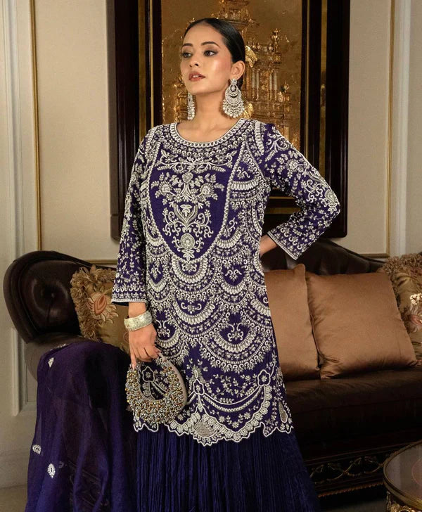 Nooraniya Deep Purple Flared Embroidered Kurta with Pleated Plazzo Set