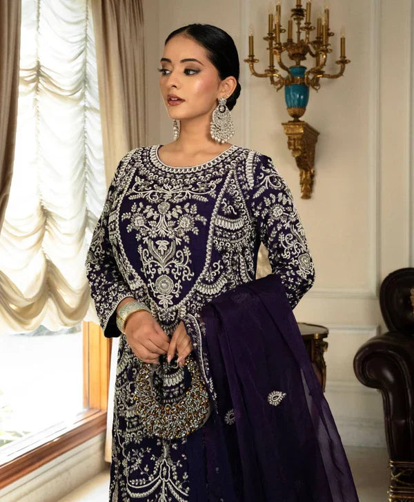 Nooraniya Deep Purple Flared Embroidered Kurta with Pleated Plazzo Set