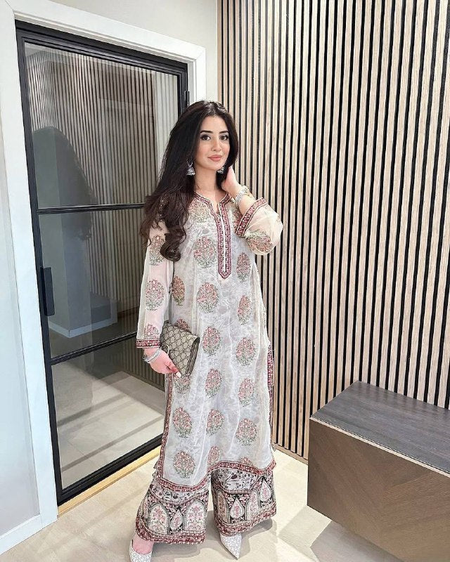 Ivory Garden Bloom Party Wear Look Embroidered Heritage Suit Set