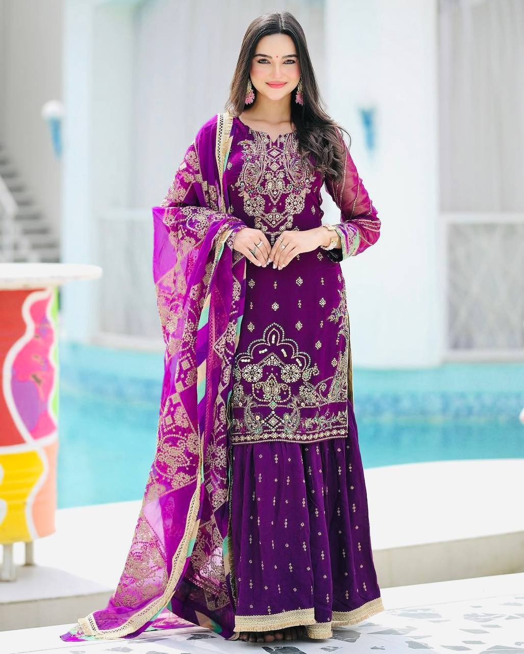 Royal Riwaz Deep Purple Antique Embroidery & Gota Borders Plazzo Set