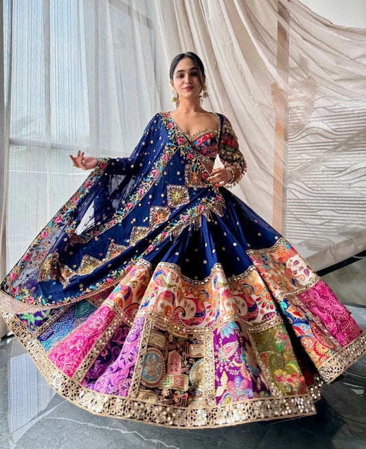 Aarohi Navy Mirror Work Rajasthani Patch Embroidery Lehenga set