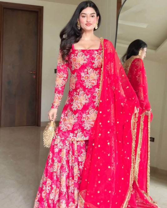 βAarvi β Rose Red Floral Embroidered Sharara Set