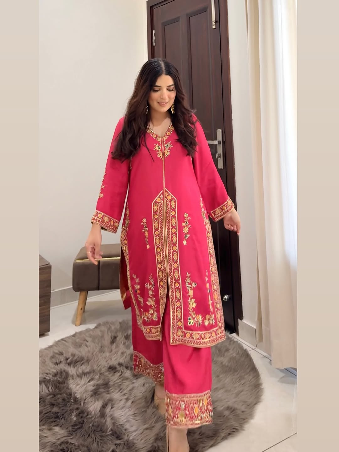 Rani‑Pink Organza Suit with Golden Embroidery & Organza Dupatta