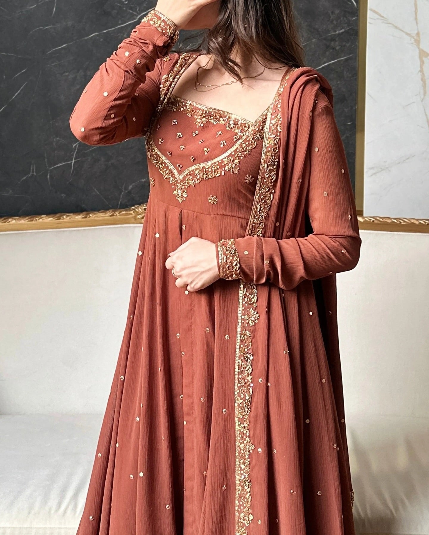 Rust Brown Georgette Anarkali Suit