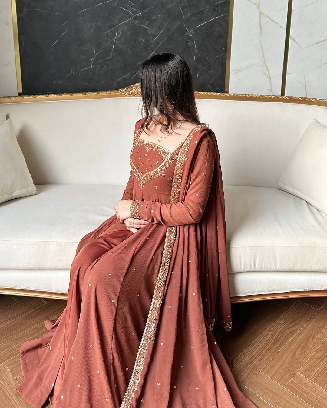 Rust Brown Georgette Anarkali Suit