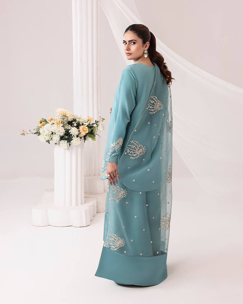 Aqua Dusk Natural Crep Silk New Designer Suit