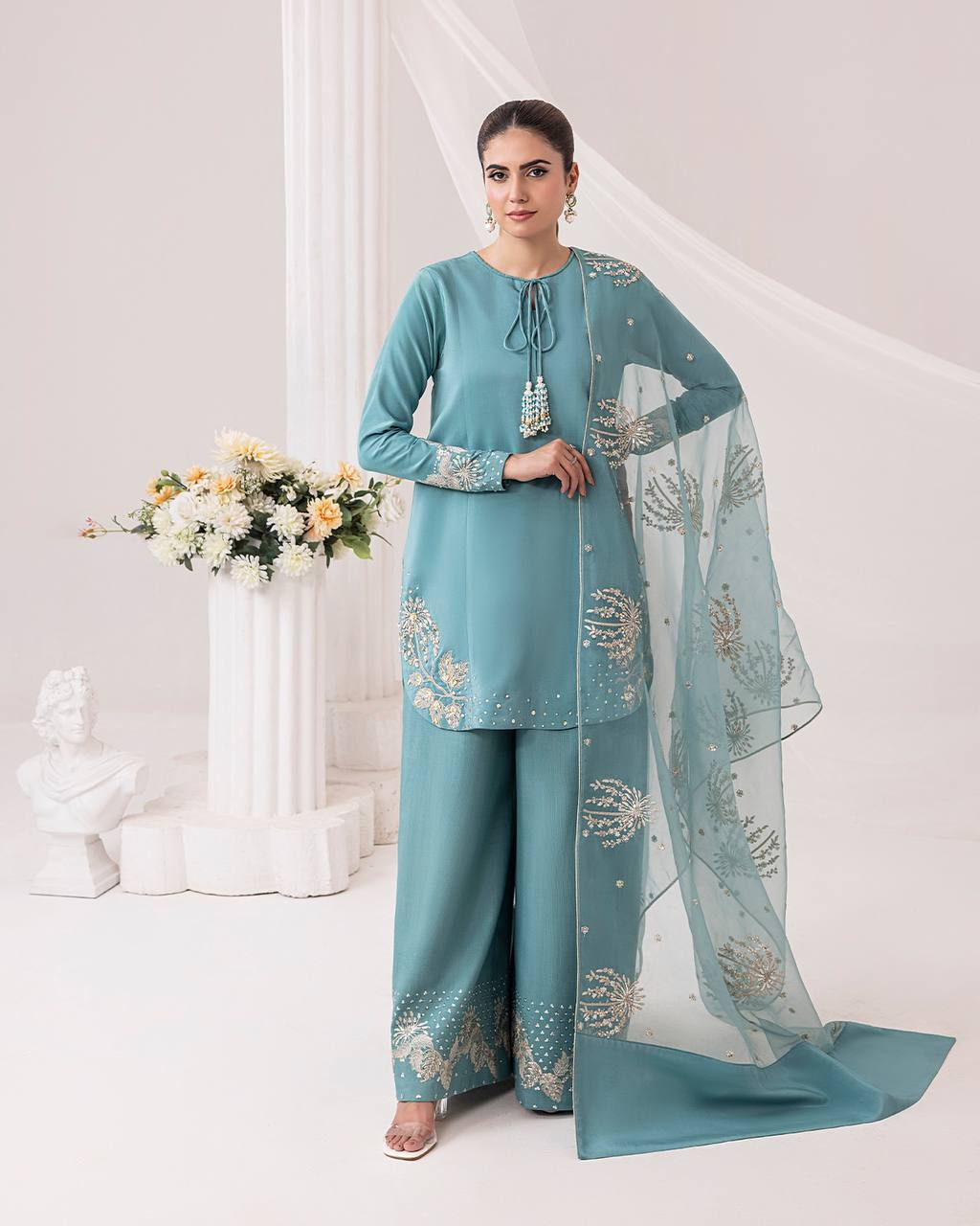 Aqua Dusk Natural Crep Silk New Designer Suit