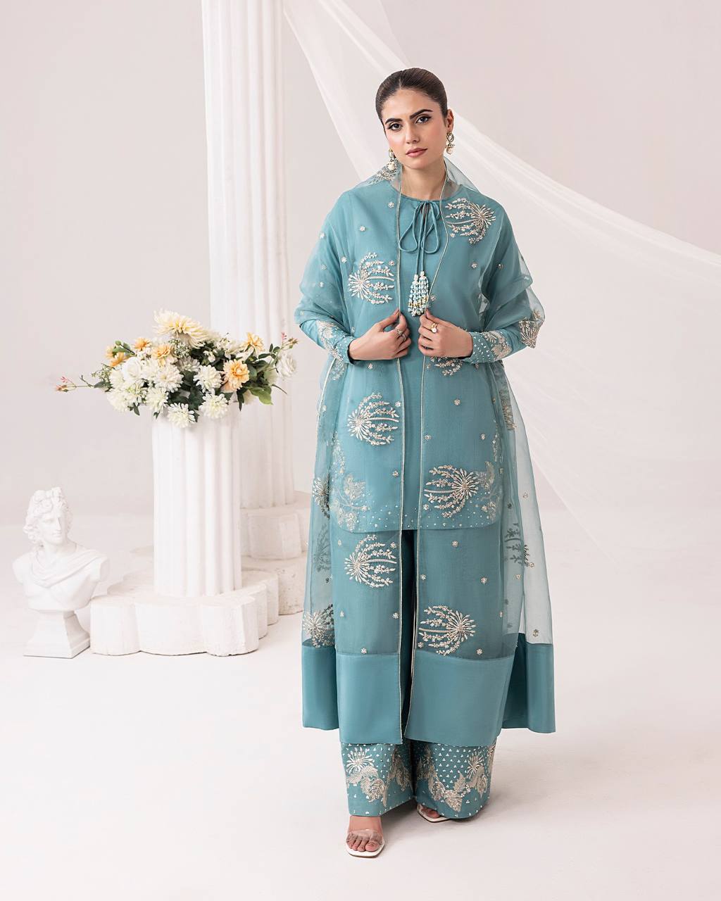 Aqua Dusk Natural Crep Silk New Designer Suit