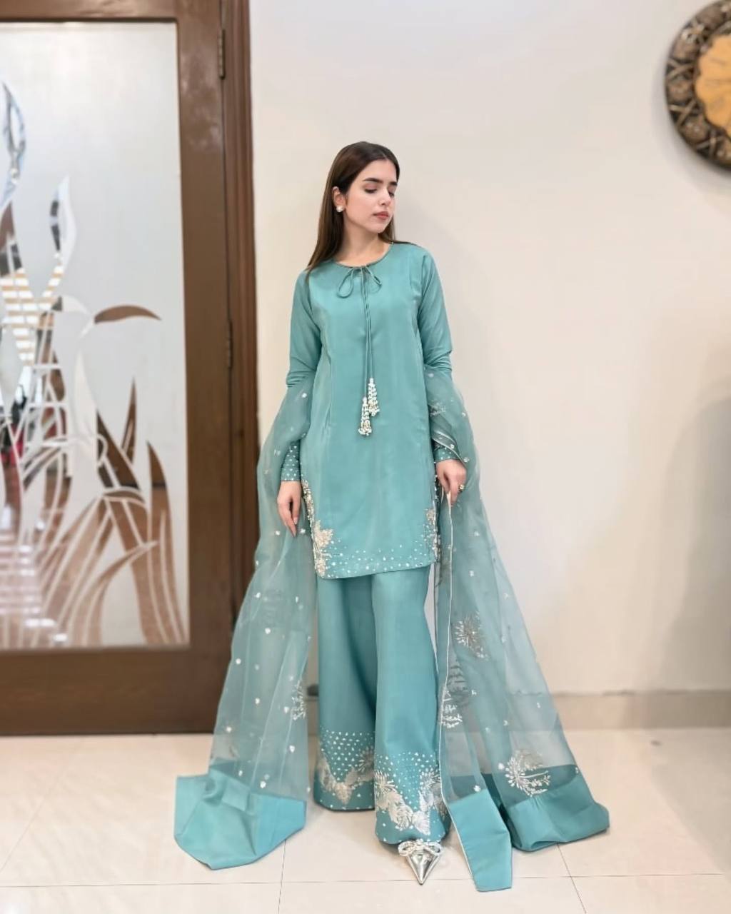 Aqua Dusk Natural Crep Silk New Designer Suit