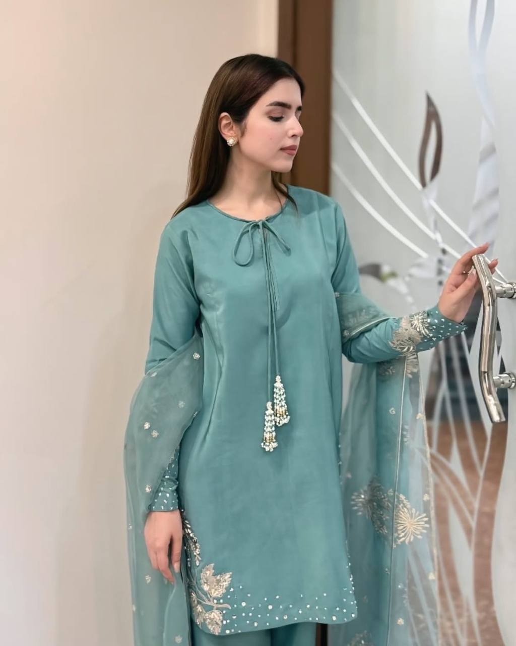 Aqua Dusk Natural Crep Silk New Designer Suit