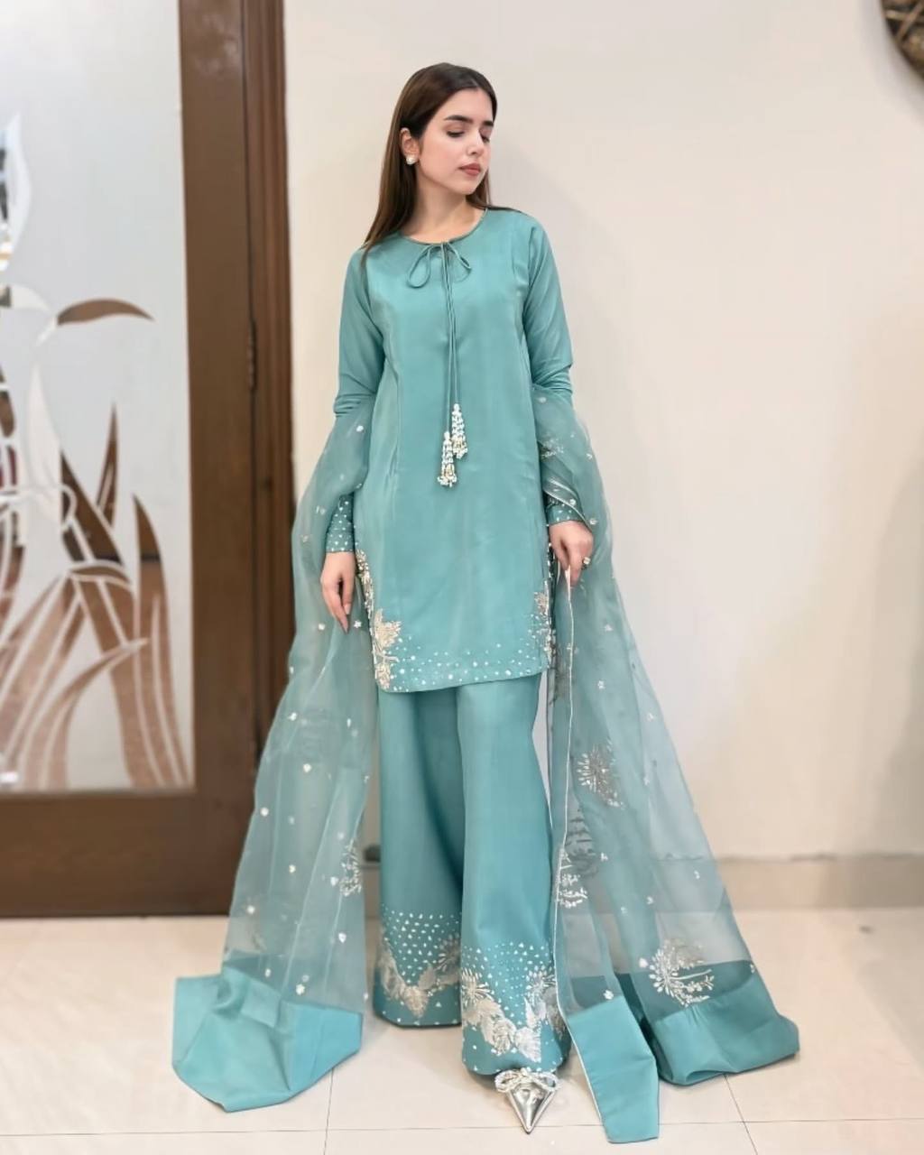 Aqua Dusk Natural Crep Silk New Designer Suit