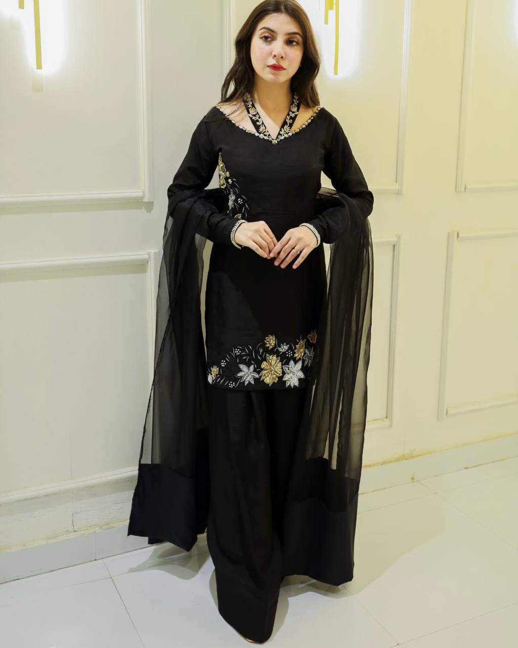 Luxurious Black Outfit with Hand Embroidered Blossoms Suit Set