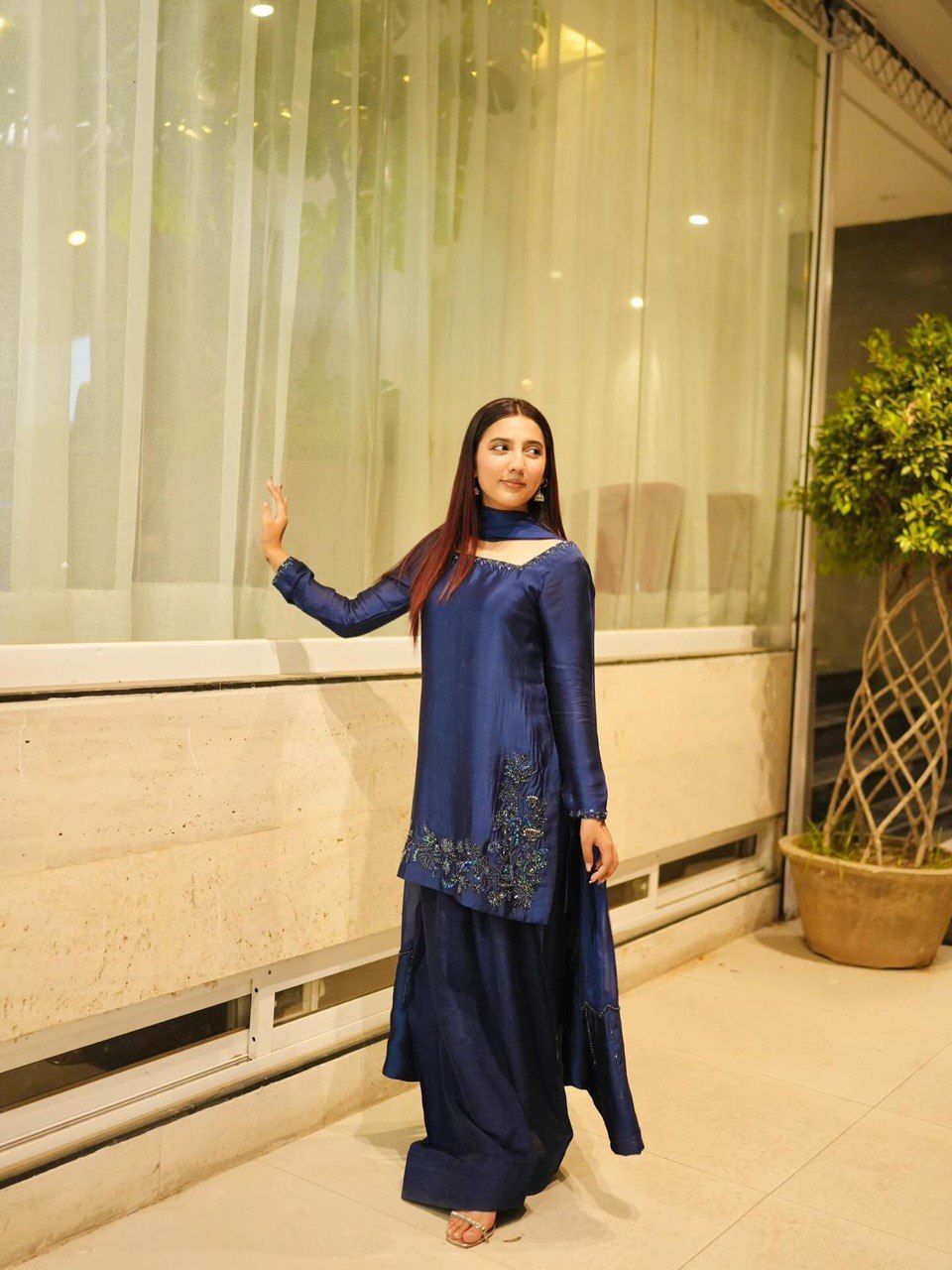 Rehmat Deep Blue Navy Embroidered Suit Set with Palazzo Charm