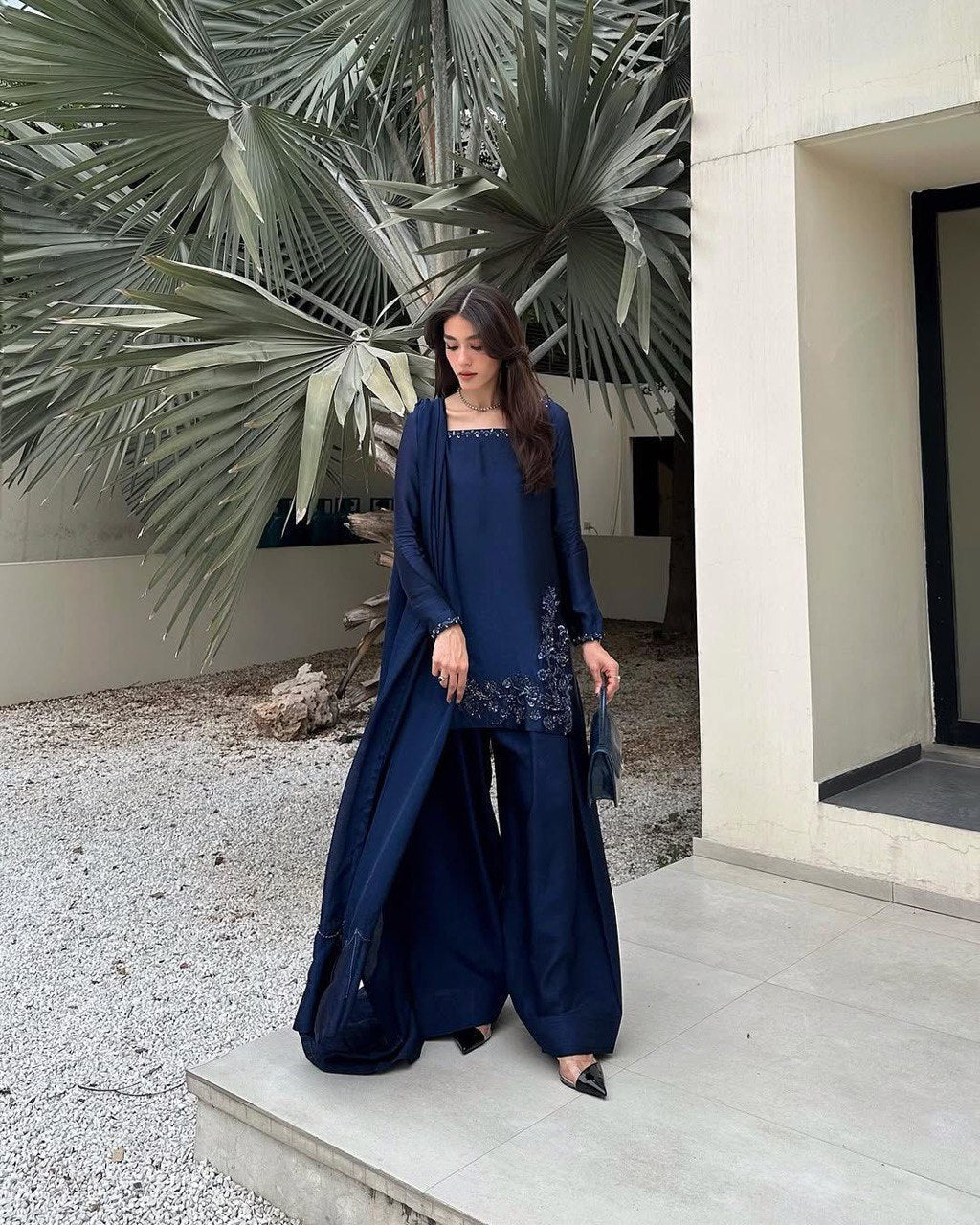 Rehmat Deep Blue Navy Embroidered Suit Set with Palazzo Charm