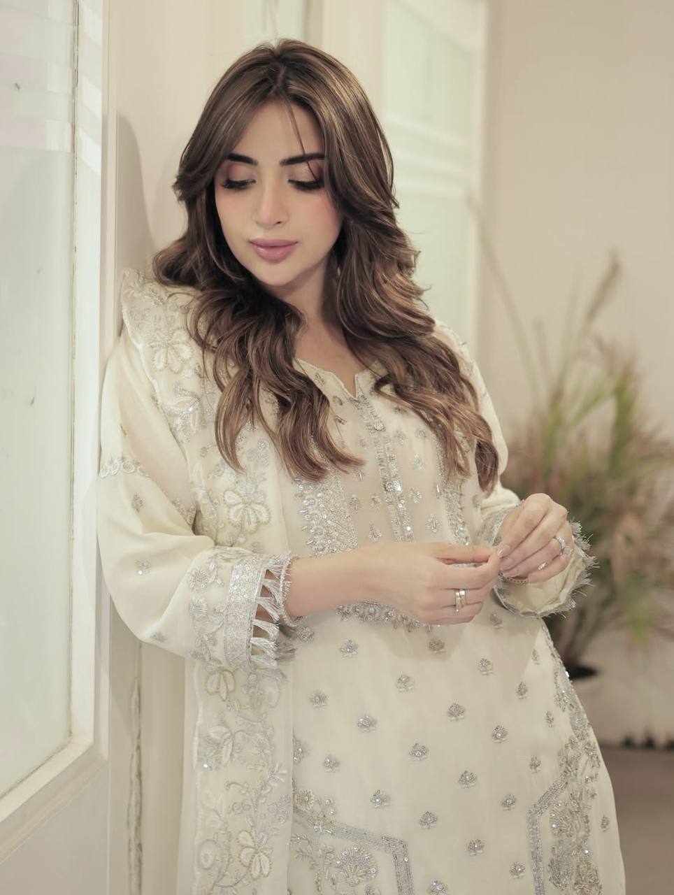 Aira White Real Hand Stone Work suit