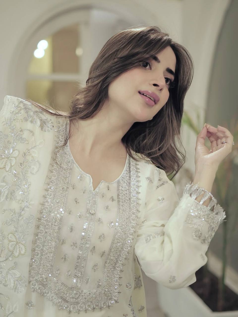 Aira White Real Hand Stone Work suit