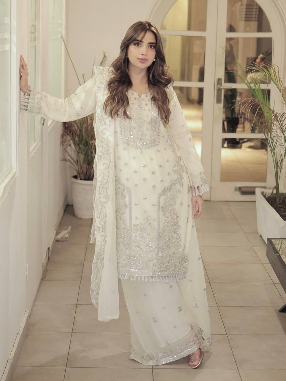 Aira White Real Hand Stone Work suit