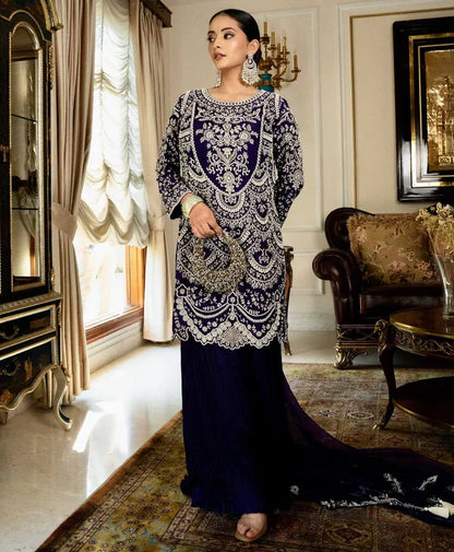Nooraniya Deep Purple Flared Embroidered Kurta with Pleated Plazzo Set