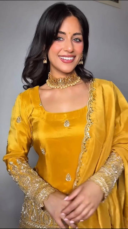 Sunehri Sitara Luxe Yellow Thread and Sequin Work Suit Set