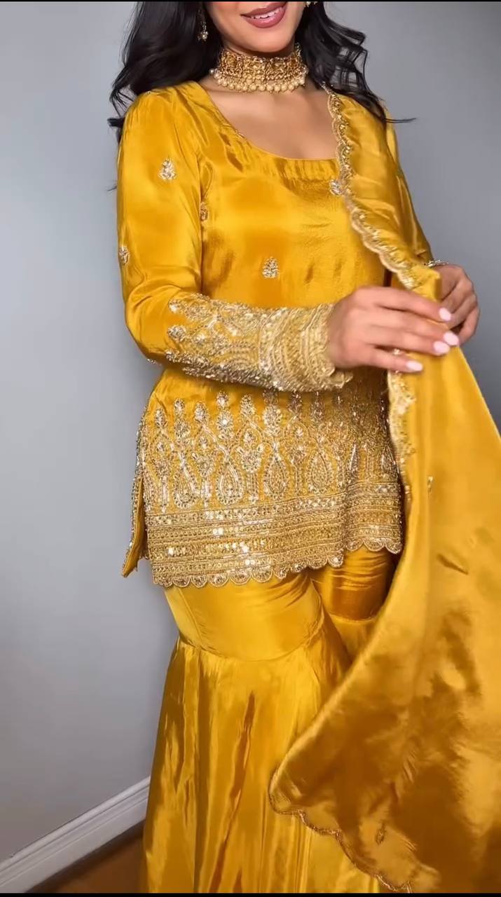 Sunehri Sitara Luxe Yellow Thread and Sequin Work Suit Set