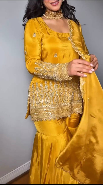 Sunehri Sitara Luxe Yellow Thread and Sequin Work Suit Set