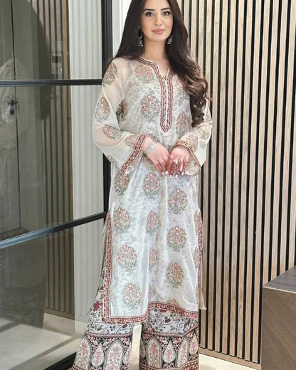 Ivory Garden Bloom  Party Wear Look Embroidered Heritage Suit Set