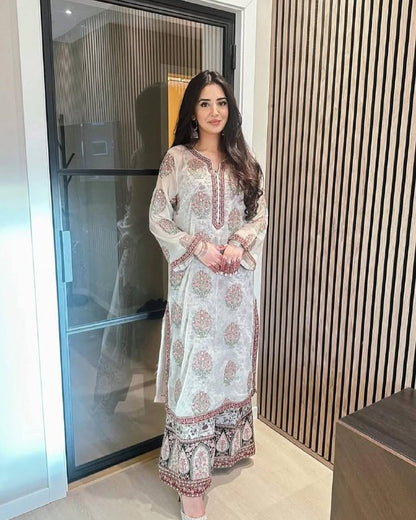 Ivory Garden Bloom  Party Wear Look Embroidered Heritage Suit Set