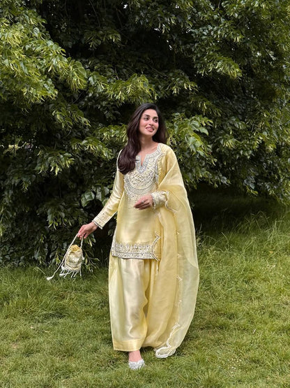 Aarzu Soft Yellow Ethnic Wear with Threadwork Charm Plazo Set