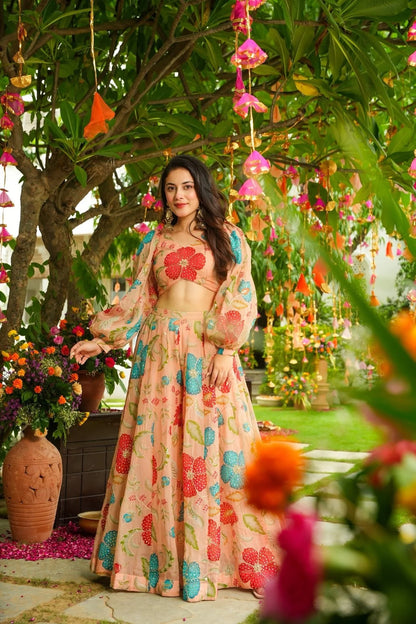 Aarohi Peach Floral Organza Lehenga with Crop Top & Cape Sleeves