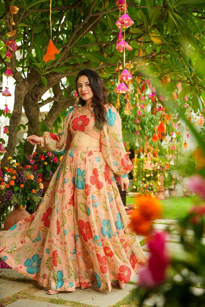 Aarohi Peach Floral Organza Lehenga with Crop Top & Cape Sleeves