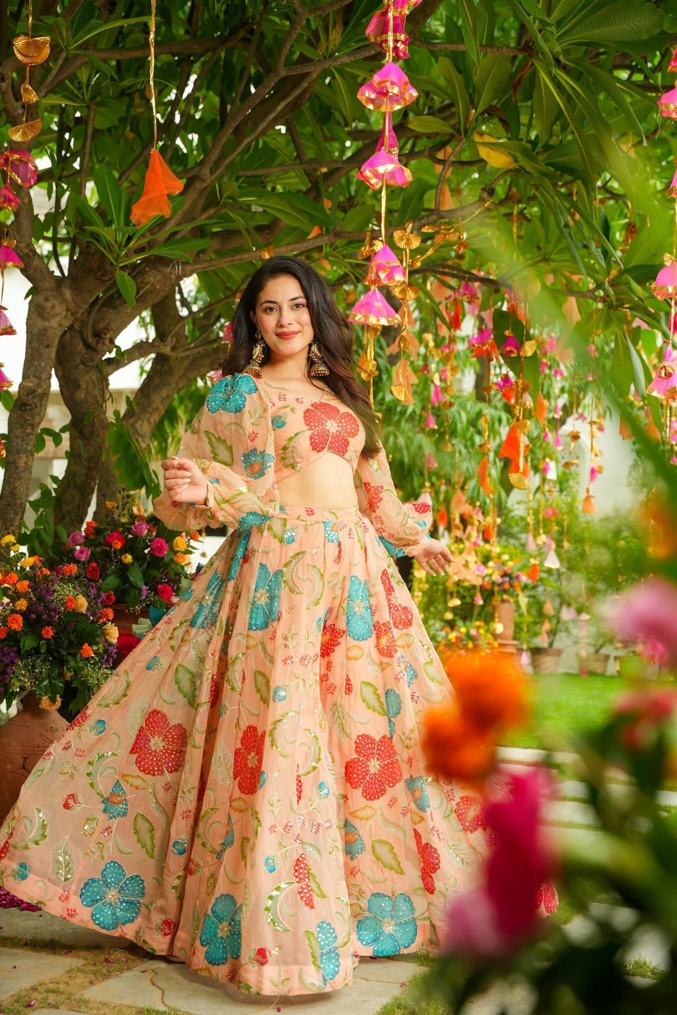 Aarohi Peach Floral Organza Lehenga with Crop Top & Cape Sleeves