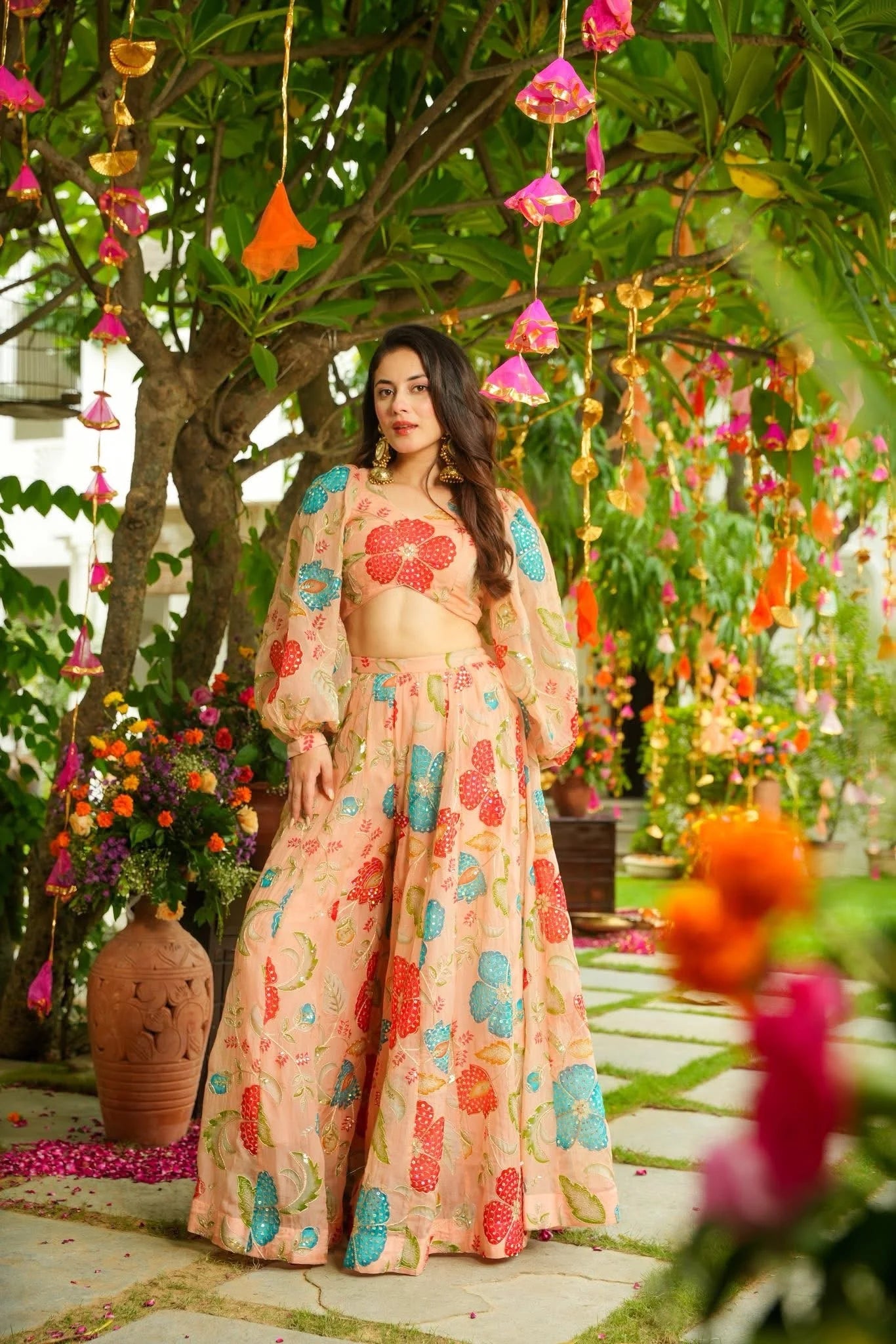 Aarohi Peach Floral Organza Lehenga with Crop Top & Cape Sleeves
