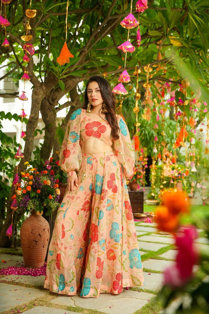 Aarohi Peach Floral Organza Lehenga with Crop Top & Cape Sleeves