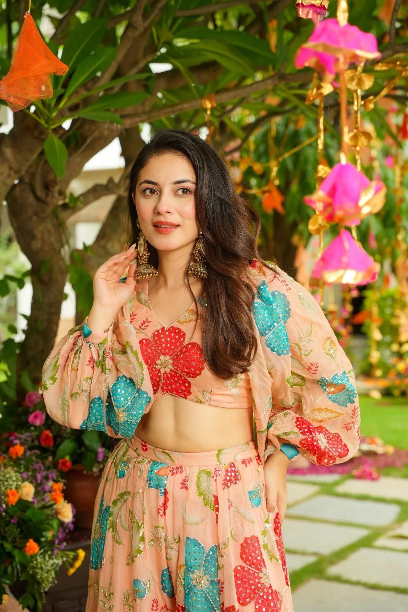 Aarohi Peach Floral Organza Lehenga with Crop Top & Cape Sleeves