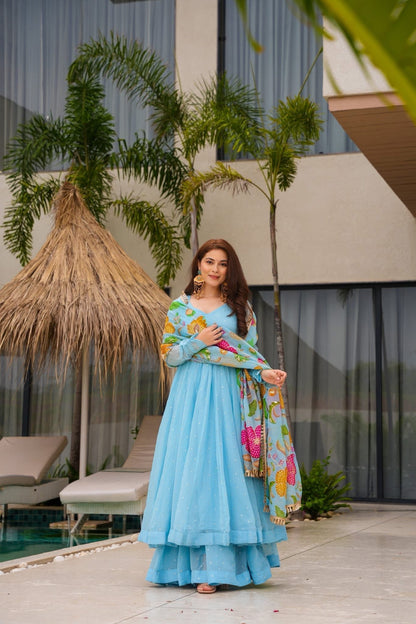 Lotus Radiance Blue Organza Anarkali Suit Set