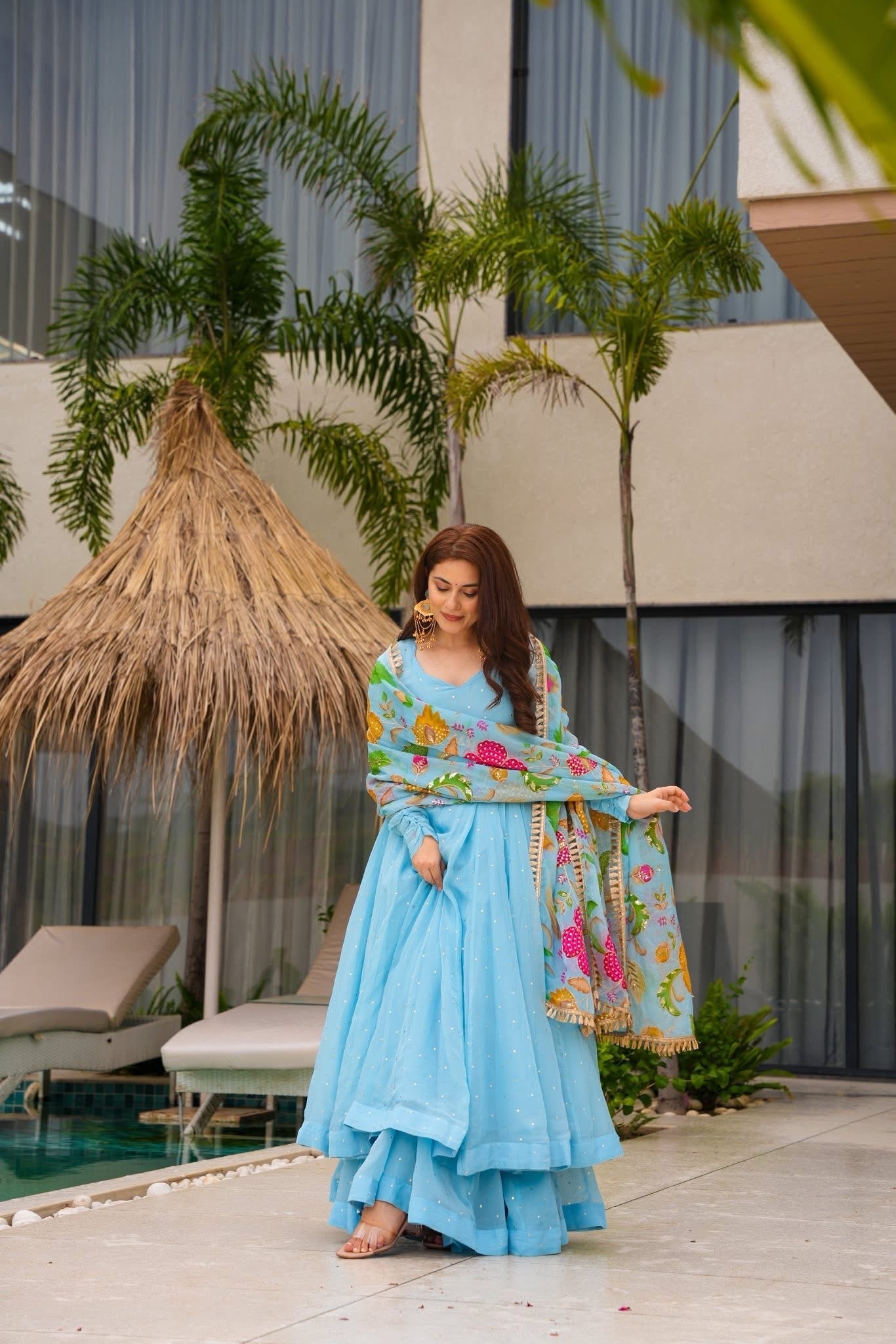 Lotus Radiance Blue Organza Anarkali Suit Set