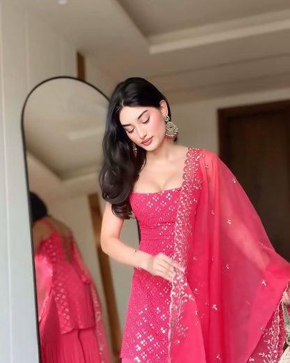 Gulabi Noor Mirror Work Sharara Suit with Embroidered Dupatta