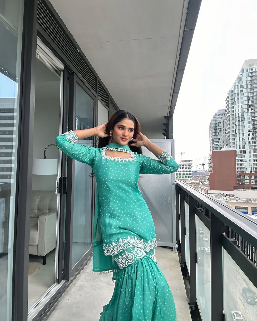 Teal Green Georgette Sharara Suit with Thread Embroidery