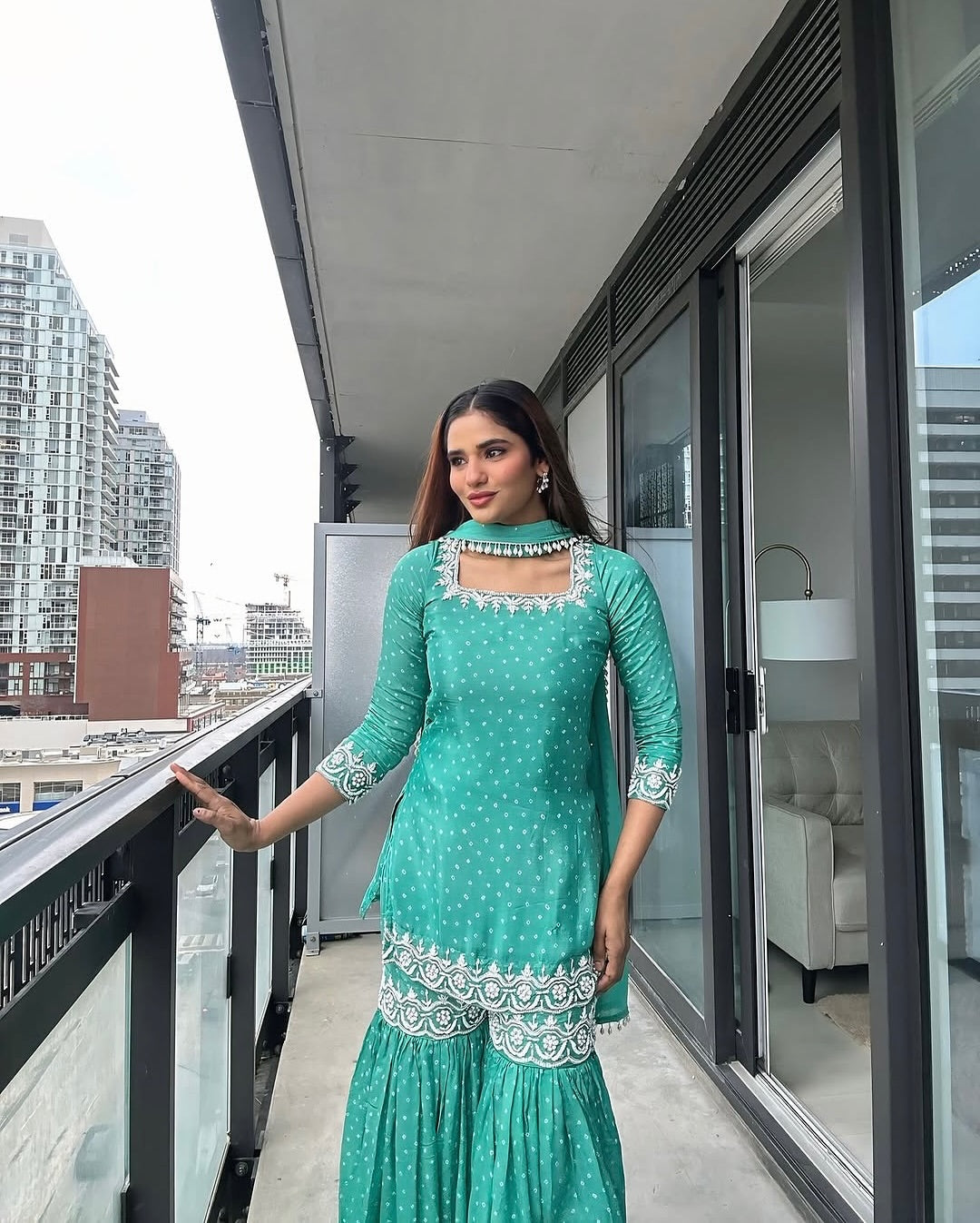 Teal Green Georgette Sharara Suit with Thread Embroidery