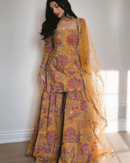 Anaya Mustard Yellow Silk Blend Embroidered Sharara Set