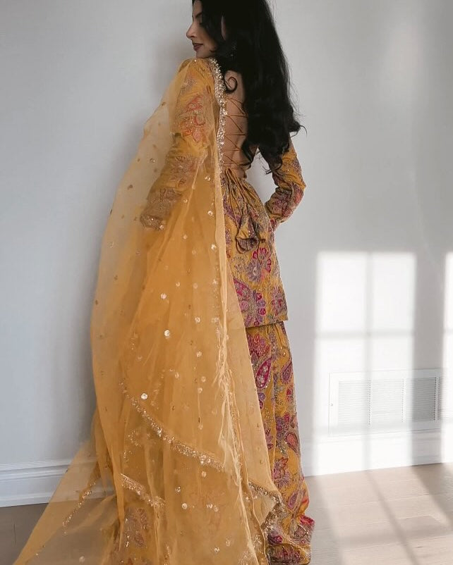 Anaya Mustard Yellow Silk Blend Embroidered Sharara Set