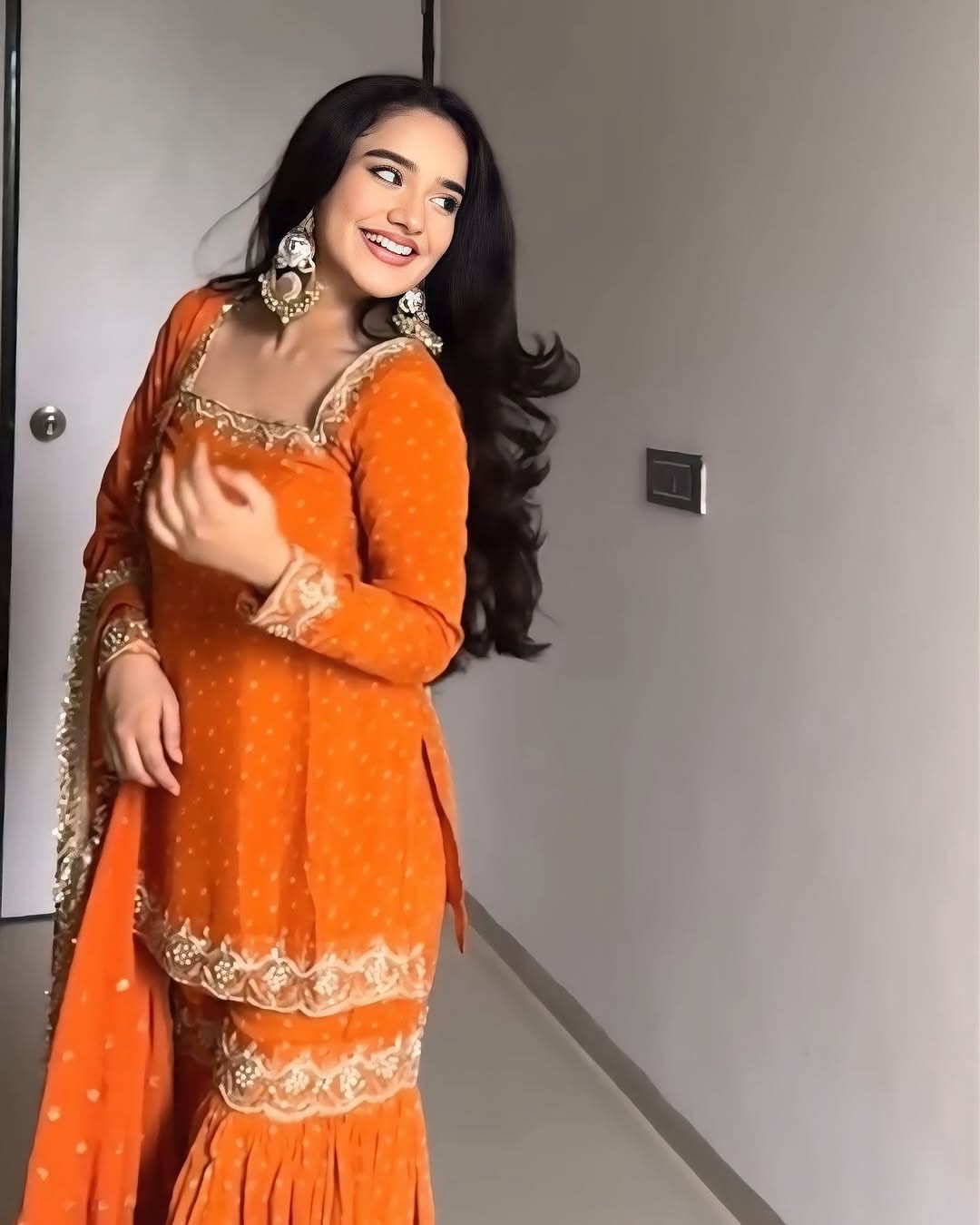 Bright Orange Georgette Sharara Suit with Golden Embroidery