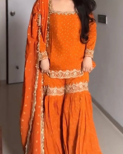 Bright Orange Georgette Sharara Suit with Golden Embroidery