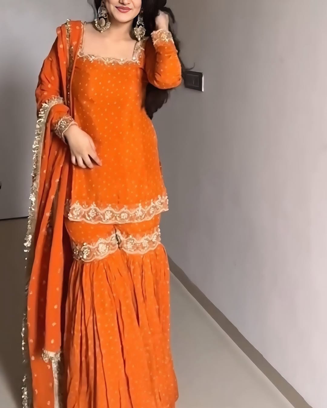 Bright Orange Georgette Sharara Suit with Golden Embroidery