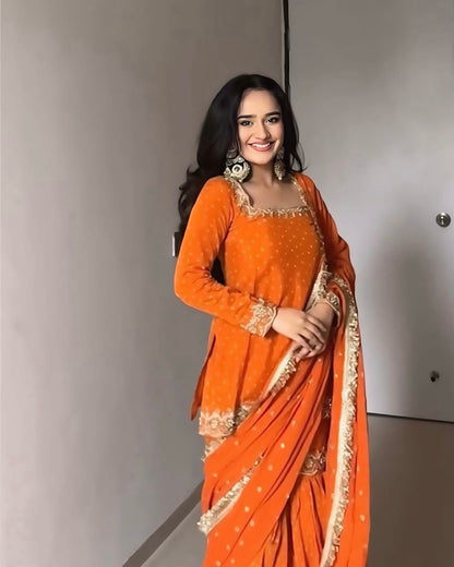 Bright Orange Georgette Sharara Suit with Golden Embroidery