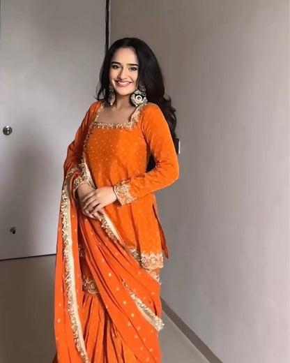 Bright Orange Georgette Sharara Suit with Golden Embroidery
