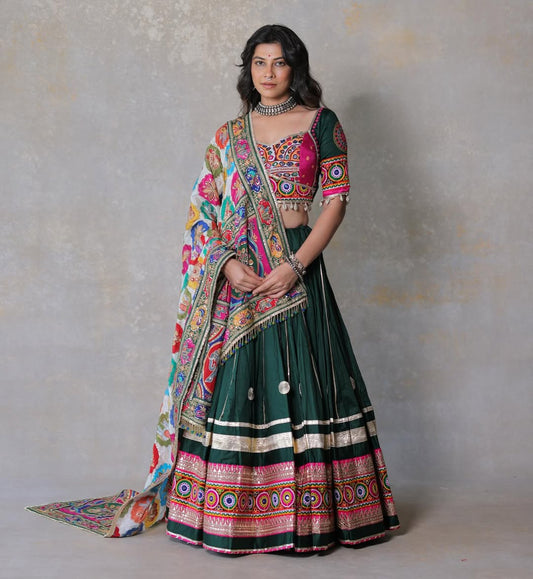 Rangmohini Emerald Green Kutchi Mirror Work Lehenga Set