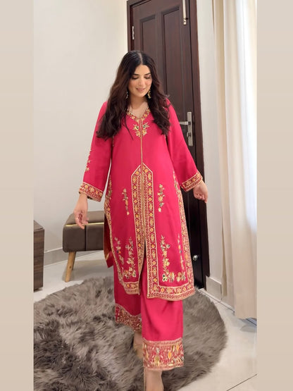 Rani‑Pink Organza Suit with Golden Embroidery & Organza Dupatta
