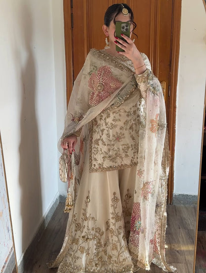 Kiara Ivory Organza Sharara Set with Sequin Embroidery